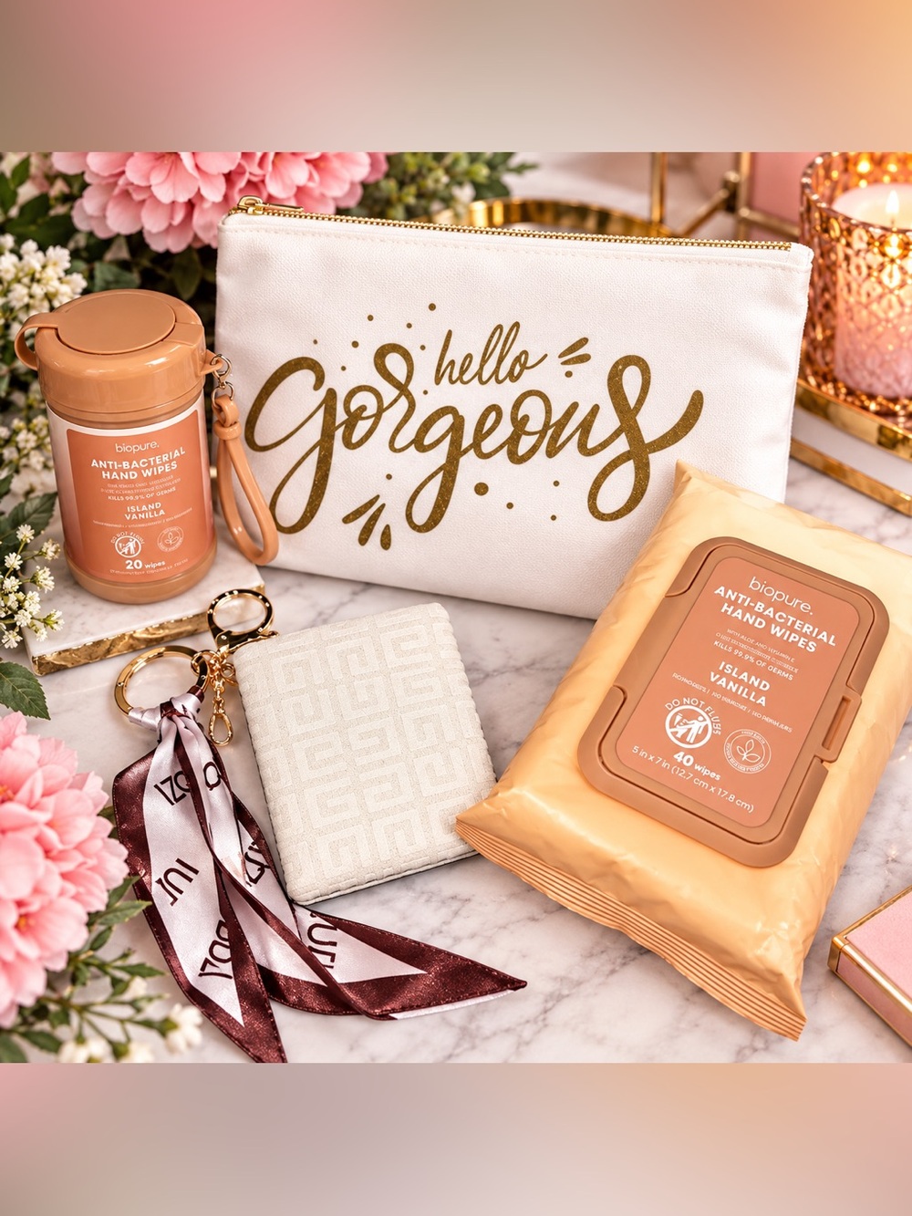 NEW Hello Gorgeous Beauty Self Care Gift Set Pouch Wipes Mirror Keychain